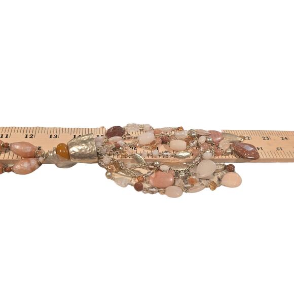 Chico's Statement Necklace Long Tassel Pendant Gold Tone Mixed Bead Peach Coral - Picture 10 of 12